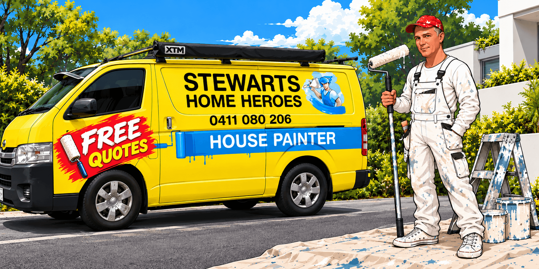 Yellow Stewarts Home Heroes work van marked House Painter, Free Quotes and 0411 080 206, with a painter in white overalls holding a paint roller beside it